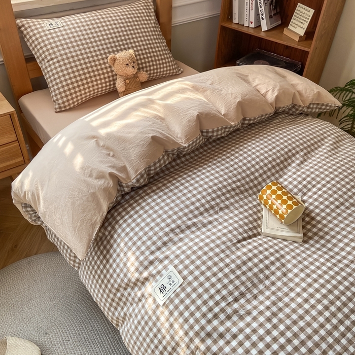 91家纺网 家纺一手货源 找家纺 恋人优选 2025新款全棉纯棉水洗棉(AB版)学生宿舍上下铺三件套-有标款 米小格(米色)