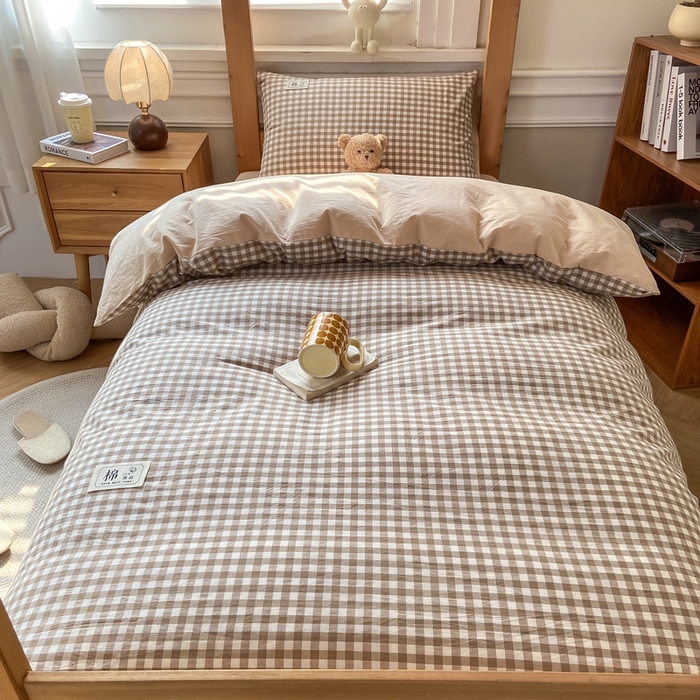 91家纺网 家纺一手货源 找家纺 恋人优选 2025新款全棉纯棉水洗棉(AB版)学生宿舍上下铺三件套-有标款 米小格(米色)