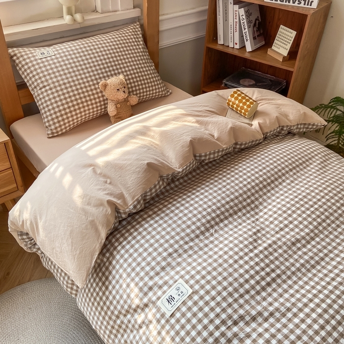 91家纺网 家纺一手货源 找家纺 恋人优选 2025新款全棉纯棉水洗棉(AB版)学生宿舍上下铺三件套-有标款 米小格(米色)