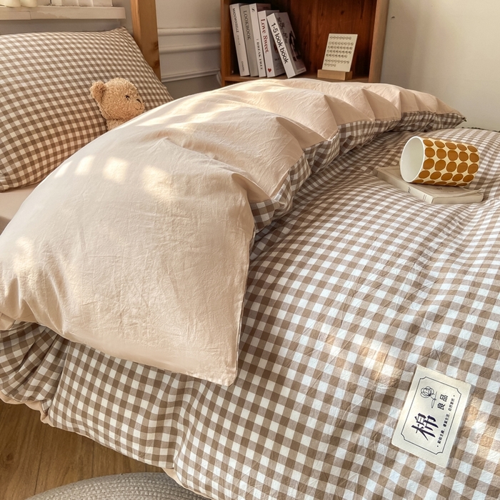 91家纺网 家纺一手货源 找家纺 恋人优选 2025新款全棉纯棉水洗棉(AB版)学生宿舍上下铺三件套-有标款 米小格(米色)
