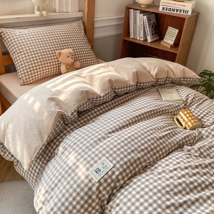 91家纺网 家纺一手货源 找家纺 恋人优选 2025新款全棉纯棉水洗棉(AB版)学生宿舍上下铺三件套-有标款 米小格(米色)