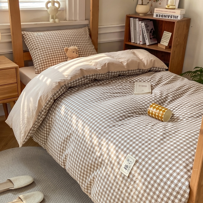 91家纺网 家纺一手货源 找家纺 恋人优选 2025新款全棉纯棉水洗棉(AB版)学生宿舍上下铺三件套-有标款 米小格(米色)