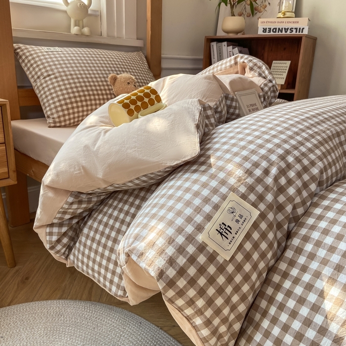 91家纺网 家纺一手货源 找家纺 恋人优选 2025新款全棉纯棉水洗棉(AB版)学生宿舍上下铺三件套-有标款 米小格(米色)