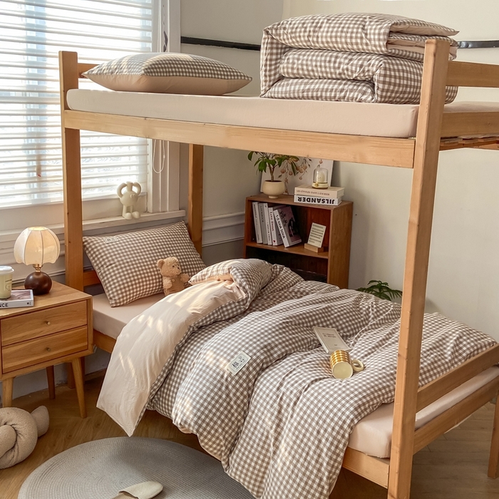 91家纺网 家纺一手货源 找家纺 恋人优选 2025新款全棉纯棉水洗棉(AB版)学生宿舍上下铺三件套-有标款 米小格(米色)