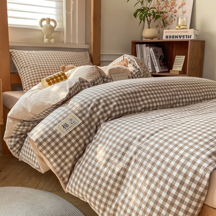 91家纺网 家纺一手货源 找家纺 恋人优选 2025新款全棉纯棉水洗棉(AB版)学生宿舍上下铺三件套-有标款 米小格(米色)