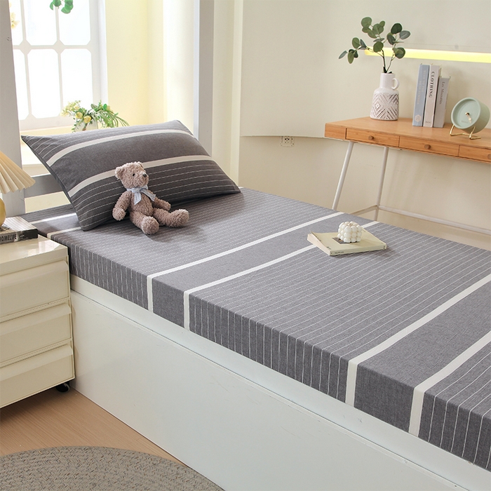 春皖家纺 2025新款学生季全棉纯棉色织AB版水洗棉单品系列-单床笠 床笠单件 素雅-灰条