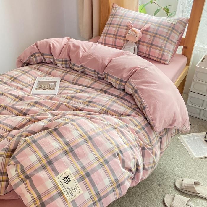 91家纺网 家纺一手货源 找家纺 恋人优选 2025新款全棉纯棉水洗棉(AB版)学生宿舍上下铺三件套-有标款 莫妮粉(脏粉)