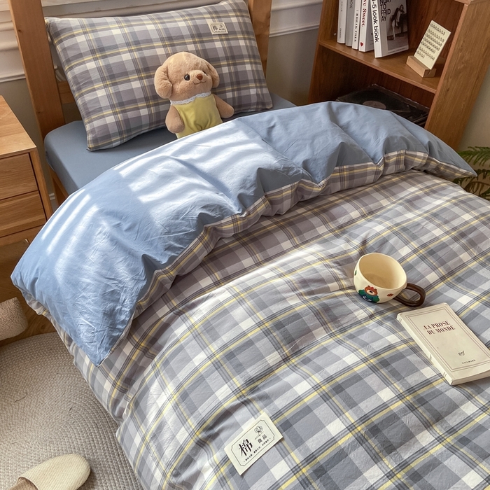 91家纺网 家纺一手货源 找家纺 恋人优选 2025新款全棉纯棉水洗棉(AB版)学生宿舍上下铺三件套-有标款 莫妮灰（浅蓝）