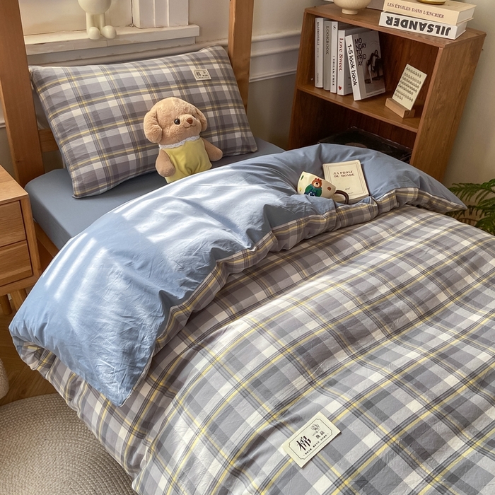 91家纺网 家纺一手货源 找家纺 恋人优选 2025新款全棉纯棉水洗棉(AB版)学生宿舍上下铺三件套-有标款 莫妮灰（浅蓝）