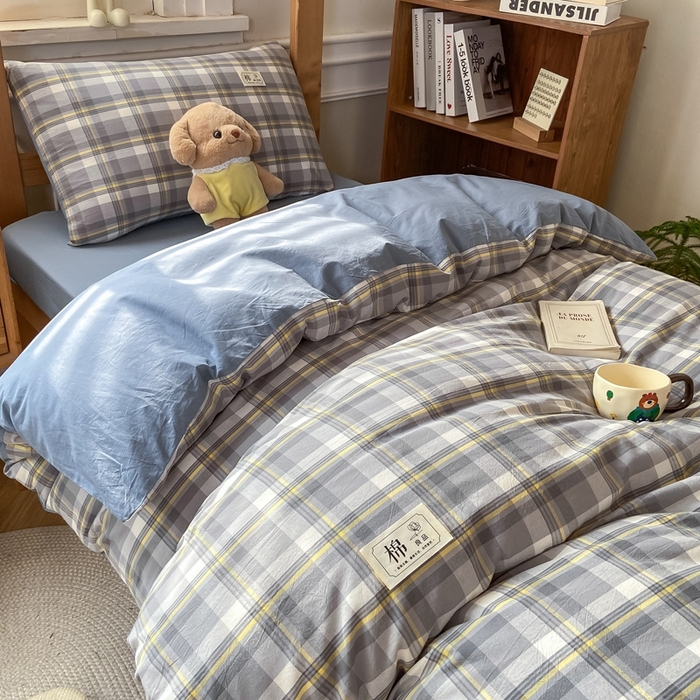 91家纺网 家纺一手货源 找家纺 恋人优选 2025新款全棉纯棉水洗棉(AB版)学生宿舍上下铺三件套-有标款 莫妮灰（浅蓝）