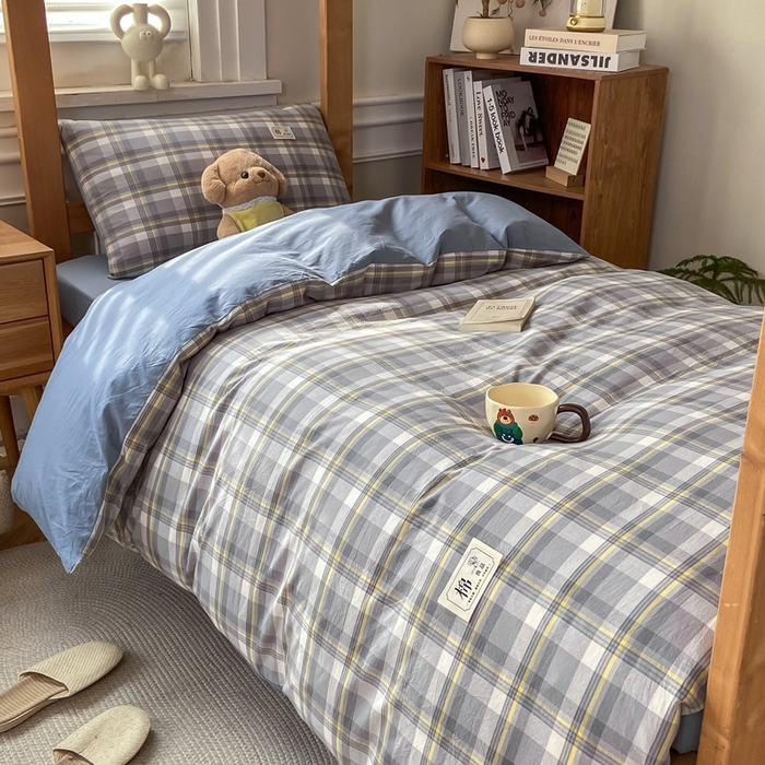 91家纺网 家纺一手货源 找家纺 恋人优选 2025新款全棉纯棉水洗棉(AB版)学生宿舍上下铺三件套-有标款 莫妮灰（浅蓝）