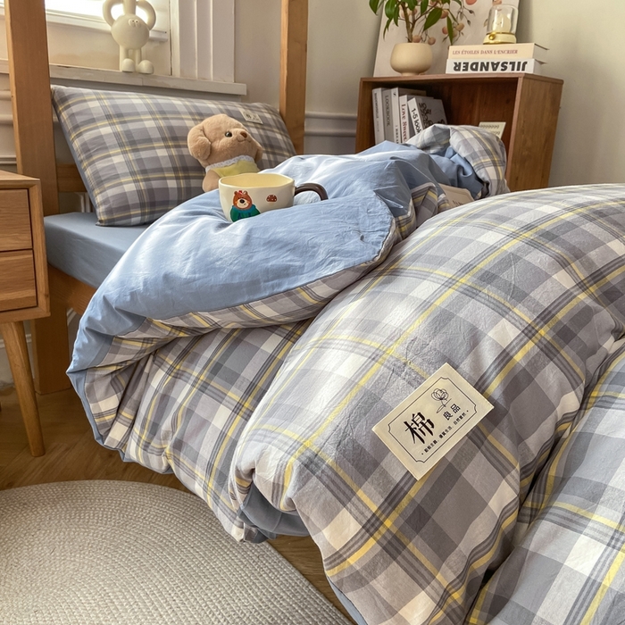 91家纺网 家纺一手货源 找家纺 恋人优选 2025新款全棉纯棉水洗棉(AB版)学生宿舍上下铺三件套-有标款 莫妮灰（浅蓝）