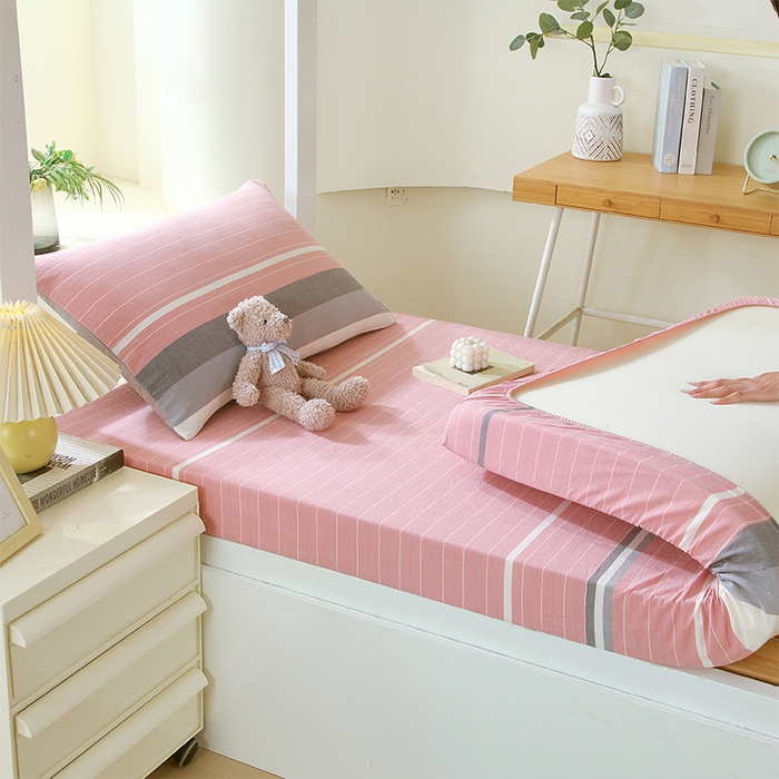 91家纺网 家纺一手货源 找家纺 春皖家纺 2025新款学生季全棉纯棉色织AB版水洗棉单品系列-单床笠 床笠单件 素雅-蔻粉