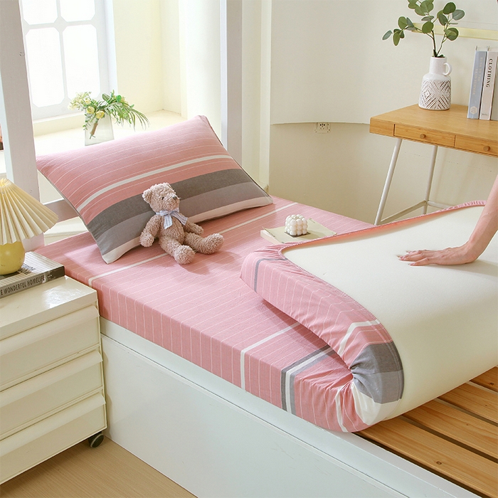 91家纺网 家纺一手货源 找家纺 春皖家纺 2025新款学生季全棉纯棉色织AB版水洗棉单品系列-单床笠 床笠单件 素雅-蔻粉