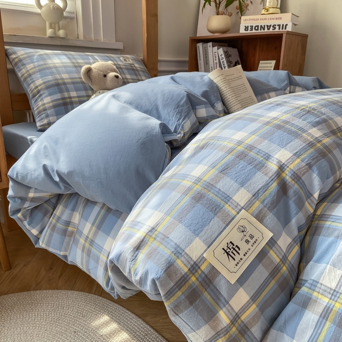 91家纺网 家纺一手货源 找家纺 恋人优选 2025新款全棉纯棉水洗棉(AB版)学生宿舍上下铺三件套-有标款 莫妮兰（浅蓝）