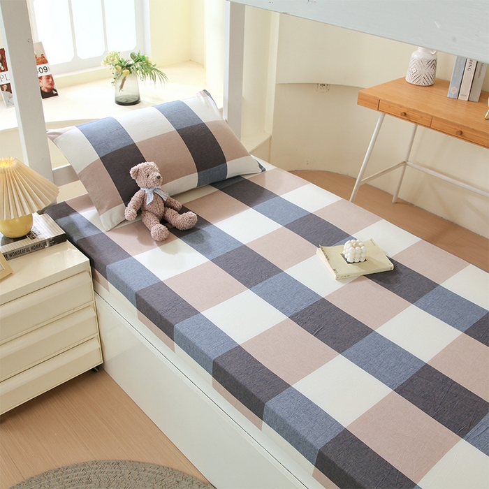 91家纺网 家纺一手货源 找家纺 春皖家纺 2025新款学生季全棉纯棉色织AB版水洗棉单品系列-单床笠 床笠单件 素雅-蓝大格