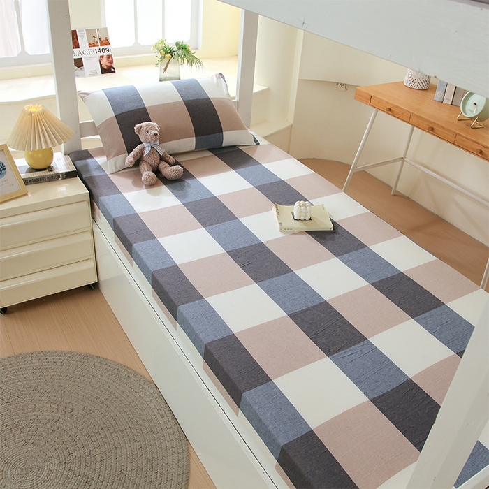 91家纺网 家纺一手货源 找家纺 春皖家纺 2025新款学生季全棉纯棉色织AB版水洗棉单品系列-单床笠 床笠单件 素雅-蓝大格