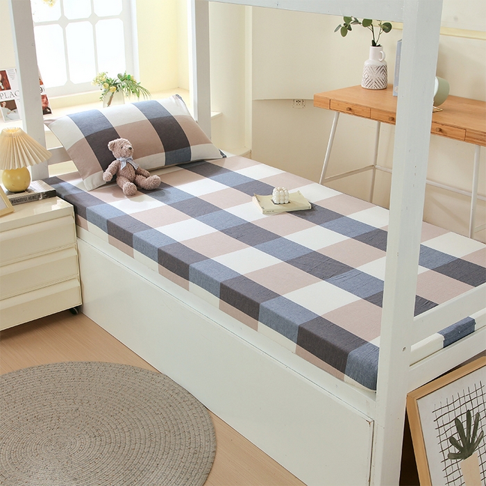 91家纺网 家纺一手货源 找家纺 春皖家纺 2025新款学生季全棉纯棉色织AB版水洗棉单品系列-单床笠 床笠单件 素雅-蓝大格