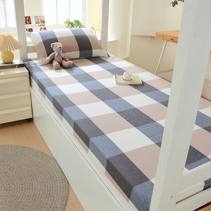 91家纺网 家纺一手货源 找家纺 春皖家纺 2025新款学生季全棉纯棉色织AB版水洗棉单品系列-单床笠 床笠单件 素雅-蓝大格