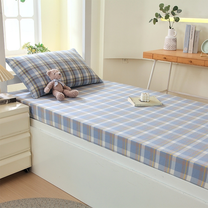 春皖家纺 2025新款学生季全棉纯棉色织AB版水洗棉单品系列-单床笠 床笠单件 素雅-蓝格