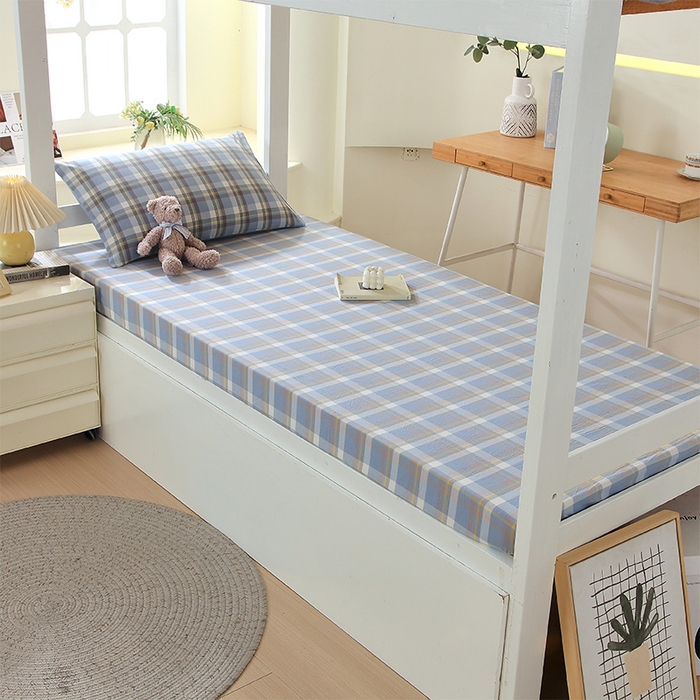 91家纺网 家纺一手货源 找家纺 春皖家纺 2025新款学生季全棉纯棉色织AB版水洗棉单品系列-单床笠 床笠单件 素雅-蓝格