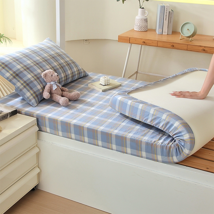 91家纺网 家纺一手货源 找家纺 春皖家纺 2025新款学生季全棉纯棉色织AB版水洗棉单品系列-单床笠 床笠单件 素雅-蓝格