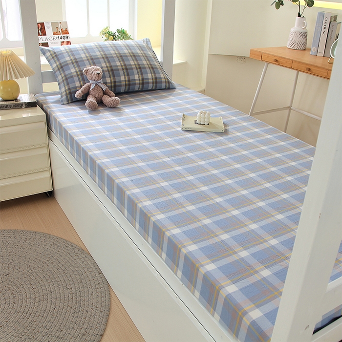 91家纺网 家纺一手货源 找家纺 春皖家纺 2025新款学生季全棉纯棉色织AB版水洗棉单品系列-单床笠 床笠单件 素雅-蓝格