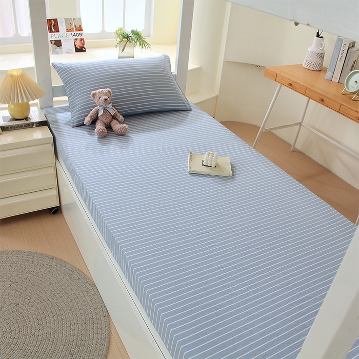 91家纺网 家纺一手货源 找家纺 春皖家纺 2025新款学生季全棉纯棉色织AB版水洗棉单品系列-单床笠 床笠单件 素雅-蓝条