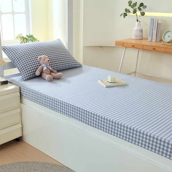 春皖家纺 2025新款学生季全棉纯棉色织AB版水洗棉单品系列-单床笠 床笠单件 素雅-蓝小格