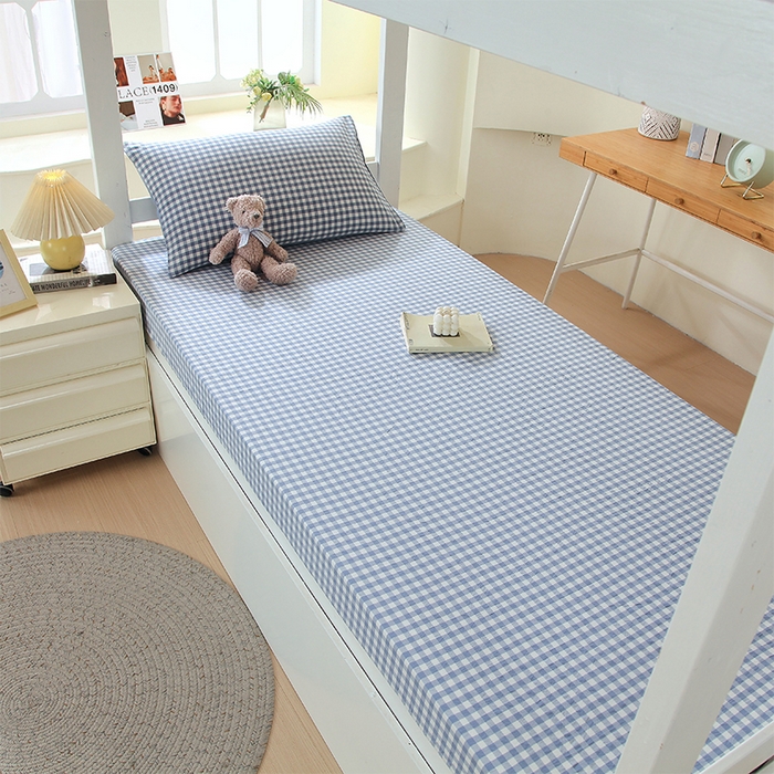 91家纺网 家纺一手货源 找家纺 春皖家纺 2025新款学生季全棉纯棉色织AB版水洗棉单品系列-单床笠 床笠单件 素雅-蓝小格