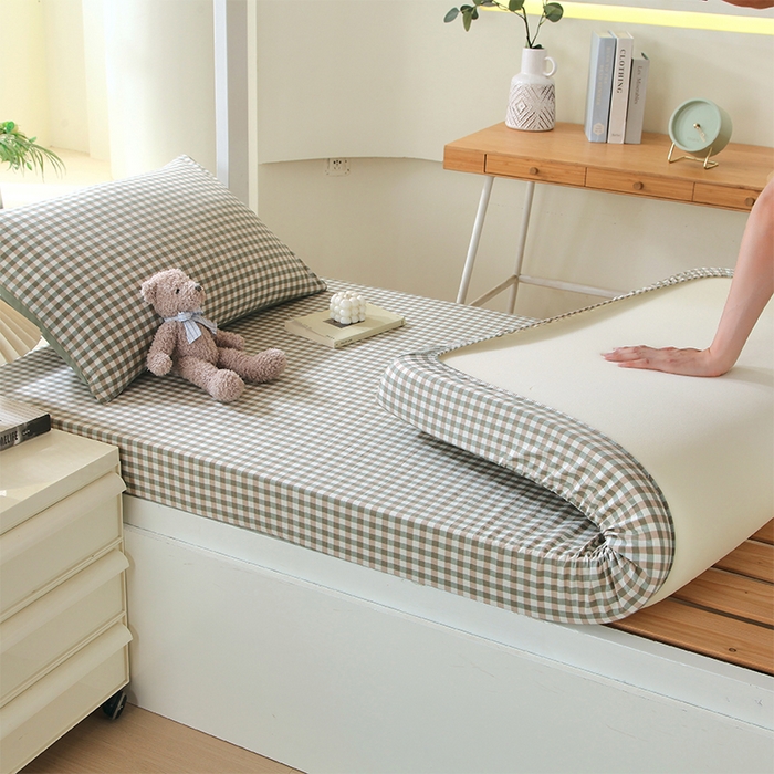 91家纺网 家纺一手货源 找家纺 春皖家纺 2025新款学生季全棉纯棉色织AB版水洗棉单品系列-单床笠 床笠单件 素雅-绿格