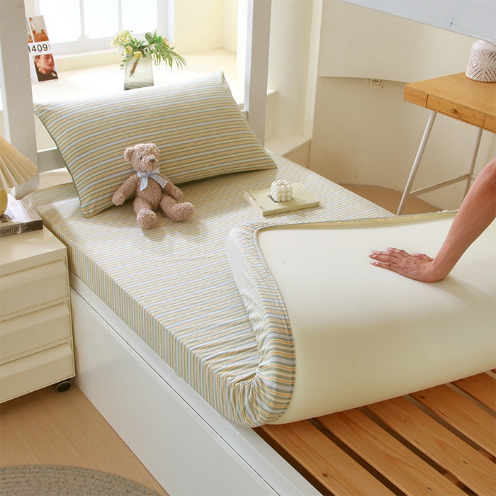 91家纺网 家纺一手货源 找家纺 春皖家纺 2025新款学生季全棉纯棉色织AB版水洗棉单品系列-单床笠 床笠单件 素雅-绿条