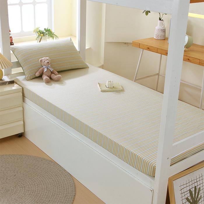 91家纺网 家纺一手货源 找家纺 春皖家纺 2025新款学生季全棉纯棉色织AB版水洗棉单品系列-单床笠 床笠单件 素雅-绿条