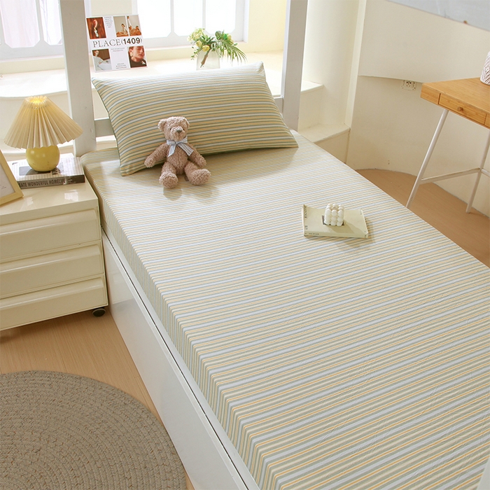 91家纺网 家纺一手货源 找家纺 春皖家纺 2025新款学生季全棉纯棉色织AB版水洗棉单品系列-单床笠 床笠单件 素雅-绿条