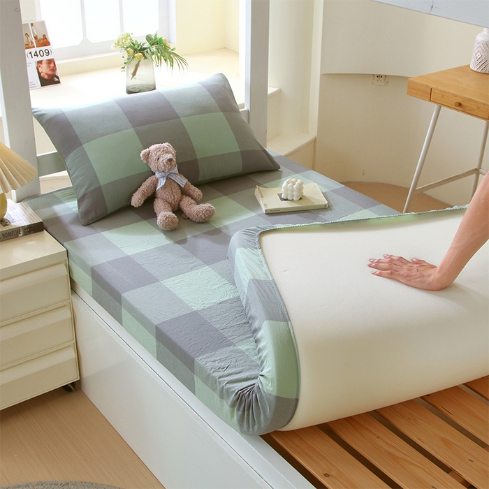 91家纺网 家纺一手货源 找家纺 春皖家纺 2025新款学生季全棉纯棉色织AB版水洗棉单品系列-单床笠 床笠单件 素雅-清格