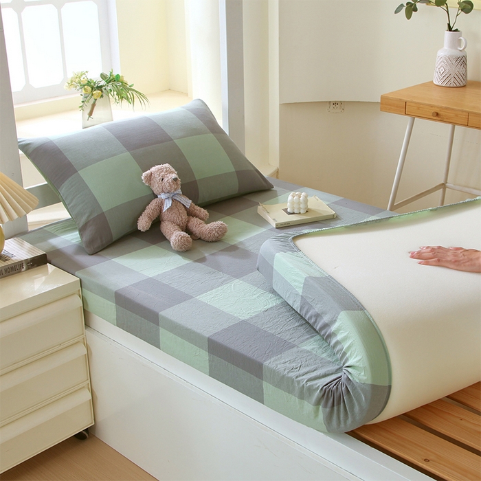 91家纺网 家纺一手货源 找家纺 春皖家纺 2025新款学生季全棉纯棉色织AB版水洗棉单品系列-单床笠 床笠单件 素雅-清格