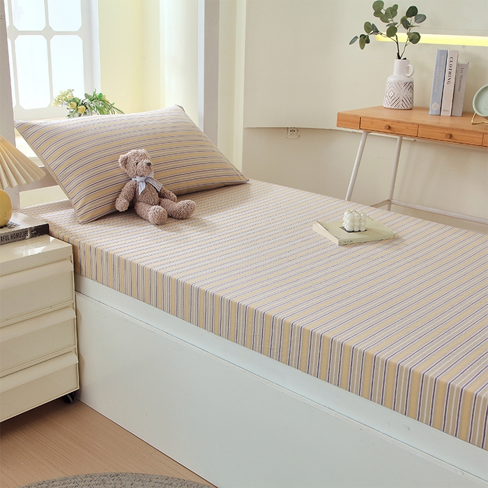 春皖家纺 2025新款学生季全棉纯棉色织AB版水洗棉单品系列-单床笠 床笠单件 素雅-杏黄纹