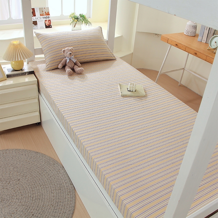 91家纺网 家纺一手货源 找家纺 春皖家纺 2025新款学生季全棉纯棉色织AB版水洗棉单品系列-单床笠 床笠单件 素雅-杏黄纹