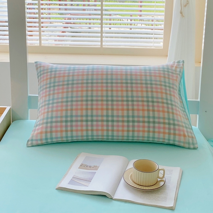 91家纺网 家纺一手货源 找家纺 春皖家纺 2025春夏新款AB版全棉纯棉色织水洗棉学生三件套六件套 翠竹-绿格