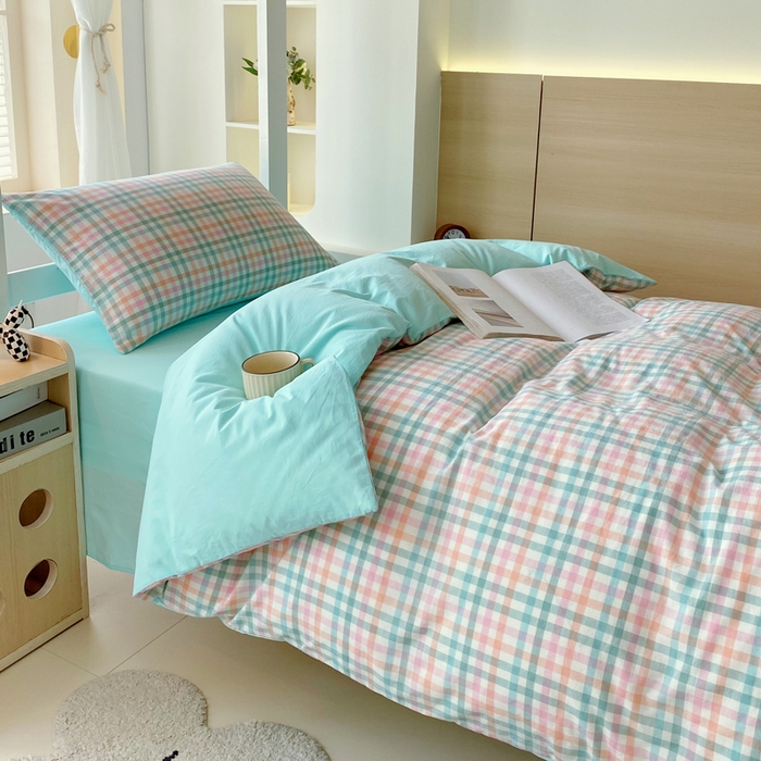 91家纺网 家纺一手货源 找家纺 春皖家纺 2025春夏新款AB版全棉纯棉色织水洗棉学生三件套六件套 翠竹-绿格