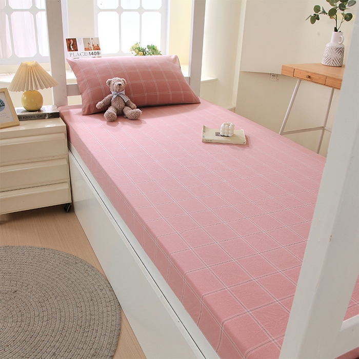 91家纺网 家纺一手货源 找家纺 春皖家纺 2025新款学生季全棉纯棉色织AB版水洗棉单品系列-单床笠 床笠单件 素雅-韵粉