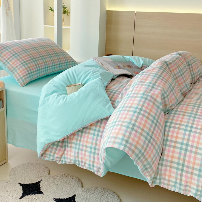 91家纺网 家纺一手货源 找家纺 春皖家纺 2025春夏新款AB版全棉纯棉色织水洗棉学生三件套六件套 翠竹-绿格