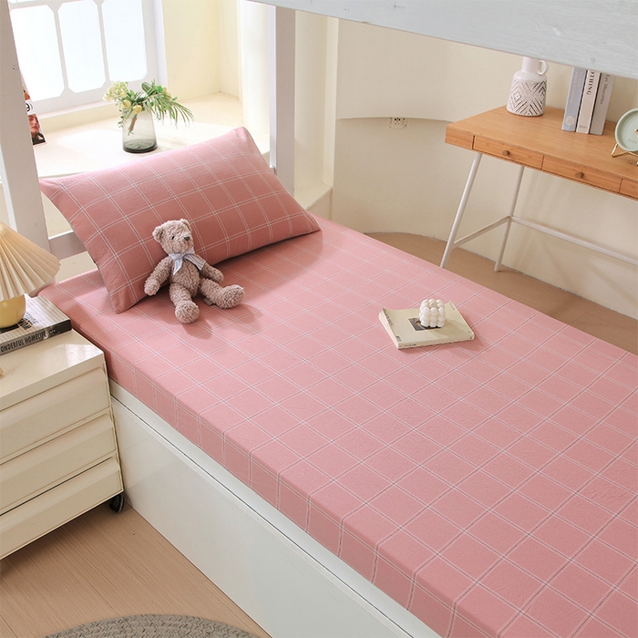 91家纺网 家纺一手货源 找家纺 春皖家纺 2025新款学生季全棉纯棉色织AB版水洗棉单品系列-单床笠 床笠单件 素雅-韵粉