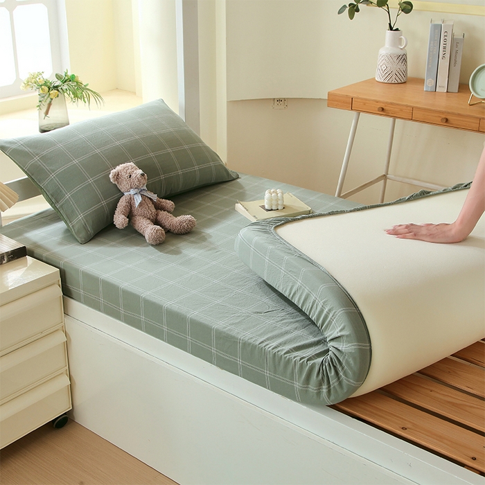 91家纺网 家纺一手货源 找家纺 春皖家纺 2025新款学生季全棉纯棉色织AB版水洗棉单品系列-单床笠 床笠单件 素雅-韵绿