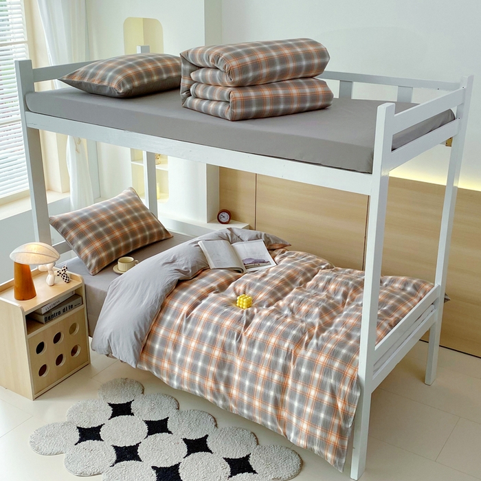 春皖家纺 2025春夏新款AB版全棉纯棉色织水洗棉学生三件套六件套 栗木-咖格