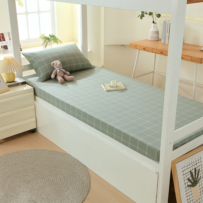 91家纺网 家纺一手货源 找家纺 春皖家纺 2025新款学生季全棉纯棉色织AB版水洗棉单品系列-单床笠 床笠单件 素雅-韵绿