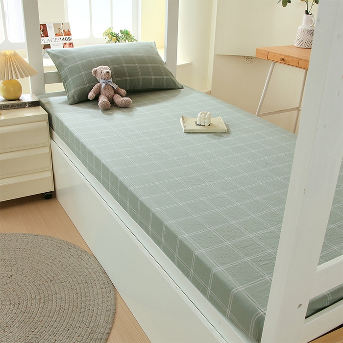 91家纺网 家纺一手货源 找家纺 春皖家纺 2025新款学生季全棉纯棉色织AB版水洗棉单品系列-单床笠 床笠单件 素雅-韵绿