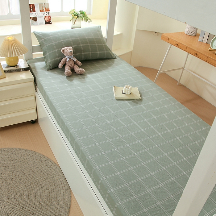 91家纺网 家纺一手货源 找家纺 春皖家纺 2025新款学生季全棉纯棉色织AB版水洗棉单品系列-单床笠 床笠单件 素雅-韵绿