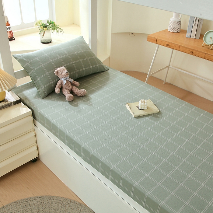 91家纺网 家纺一手货源 找家纺 春皖家纺 2025新款学生季全棉纯棉色织AB版水洗棉单品系列-单床笠 床笠单件 素雅-韵绿