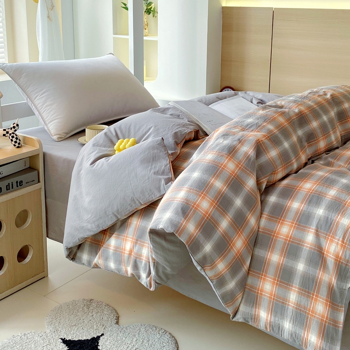 91家纺网 家纺一手货源 找家纺 春皖家纺 2025春夏新款AB版全棉纯棉色织水洗棉学生三件套六件套 栗木-咖格